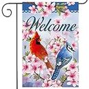 wondever Welcome Spring Cardinal Garden Flag 12×18 Double Sided Vertical Burlap Pink Flowers Red Bird Yard Flags for Farmhouse Yard Holiday Outdoor Flags Decor