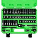 SWANLAKE 3/8" Drive Impact Socket Set, 50-Piece Standard SAE (5/16 to 3/4 inch) and Metric (8-22mm) Size, 6 Point, Cr-V, 3/8-Inch Ratchet Handle, Extension Bar, Universal Joint