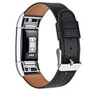 Vancle Bands for Fitbit Charge 2 band Leather Straps, Classic Adjustable Replacement band with Metal Connectors for Fitbit Charge 2 (Black)