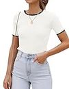 ZESICA Women's 2024 Summer Short Sleeve Crewneck T Shirt Ribbed Knit Slim Fit Color Block Basic Tees Tops, White, Large