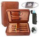 AMANCY Elegant Handmade Brown Leather Cedar Wood Lined 4 Cigar Humidor Case with 3 Triple Jet Flame Cigar Lighter and Cutter，Suitable for Holding Big and Fat Cigars