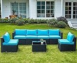 QUBOX 7 Piece Patio Furniture Sets,Outdoor Sectional Sofa All-Weather Wicker Rattan Patio Conversation Set with Tempered Glass Table & Washable Cushions for Backyard,Deck,Balcony,Yard