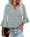 Gaharu Womens Summer Tops and Blouses Fall Women's Casual Blouses Ruffle 3/4 Sleeve Shirts Tops Floral Print Loose Blouses Soft V Neck Business Tunic Tops Multi-Green,XXL