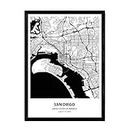 Nacnic Poster mit Karte von San Diego - USA. Blätter US-Städte mit Meeren und Flüssen in schwarzer Farbe. A4-Format