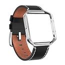 Nerlero Sport Bands Compatible with Fitbit Blaze Smart Watch, Genuine Leather Replacement Band Strap with Metal Frame for Women Men Small & Large, Black / Silver frame, Large: 6.2''-8.2'' (L18)
