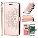 Cavor Wallet Case for iPhone 6, iPhone 6S PU Leather Case Magnetic Clasp 3D Embossed Flower Women Flip Folio Kick stand with Card Holder Wristlet Hand Strap Protective Cover for iPhone6/ iPhone6s 4.7'' -Flower Rose Gold