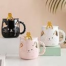 Ayat Retail | Premium Fine Ceramic Tea Coffee Mug | Cute Cat Design with Star Topper | Quirky Mug with Lid & Fancy Gold Spoon | Ideal for All Age Groups | Sold Individually (White)