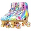 JajaHoho Roller Skates for Women, Holographic High Top PU Leather Rollerskates, Shiny Double-Row Four Wheels Quad Skates for Girls and Age 8-50 Indoor Multicolor (Rainbow, US 7)
