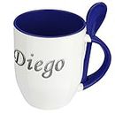 Namenstasse Diego - Löffel-Tasse mit Namens-Motiv Chrom-Schriftzug - Becher, Kaffeetasse, Kaffeebecher, Mug - Blau