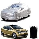 GARREGE® Waterproof Car Body Cover with Mirror and Antenna Pocket and Soft Cotton Lining (Full Bottom Elastic Triple Stitched) (Metallic Silver with Blue Piping) Tata altroz car Cover