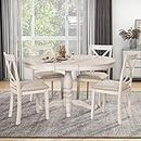 Voohek 5-Piece Kitchen Dining Set for 4, with Extendable Round Wood Table and Chair, Classic Family Furniture for Dinette, Compact Space, Antique White
