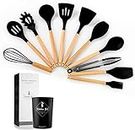 Cookware Silicone Cooking Set 12 Piece Cookware Set Nonstick Heat Resistant BPA Free Silicone Wooden Handle Cooking Tools Kitchen Tools,Noir,Enchanting12