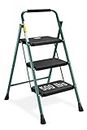 HBTower 3 Step Ladder, Folding Step Stool with Wide Anti-Slip Pedal, 330kg Sturdy Steel Ladder, Convenient Handgrip, Lightweight, Portable Steel Step Stool, Green and Black