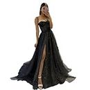 HGFYE Sequins Sling Prom Dress for Women Long Tulle Spaghetti Straps Cocktail Dresses with Slit Evening Gowns Formal Black