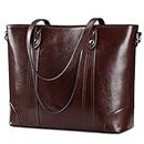 S-ZONE Leather Tote Bag for Women Office Shoulder Handbag 15.6 Inch Work Laptop Briefcase