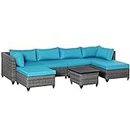 Outsunny 7 Pieces Wicker Patio Furniture Set with 4.7" Thick Cushions, Outdoor PE Rattan Garden Sofa Set Sectional Conversation Set w/Iron Plate Top Coffee Table, Light Blue