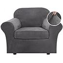 H.VERSAILTEX Rich Velvet Stretch 2 Piece Chair Cover Chair Slipcover Sofa Cover Furniture Protector Couch Soft with Elastic Bottom Chair Couch Cover with Arms, Machine Washable(Chair,Grey)
