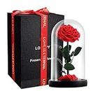 LOUVPY Forever Roses - Gifts Idea for Mom - Beauty and The Beast Rose in Glass Dome - Eternal Preserved Rose Flower - Gift for Her,Wife,Girlfriend(Red, 9inch)