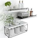 Hoiicco Bathroom Shelves with Metal Guardrail, Wood Floating Shelves Over Toilet with Wire Storage Basket, Floating Wall Shelves for Bedroom, Living Room, Kitchen and Bathroom (Wash White)