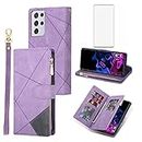 Phone Case for Samsung Galaxy S21 Ultra 5G Wallet Cover With Screen Protector and Wrist Strap Leather Flip Zipper Credit Card Holder Stand Cell Accessories S21ultra 21S S 21 21ultra G5 Women Purple