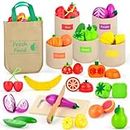LilKisThk Wooden Play Food Set, Color Sorting Toys Pretend Food for Play Kitchen Accessories Cutting Fruits and Veggies, Grocery Store Pretend Play for Toddlers Boys Girls, Stocking Stuffers for Kids