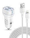 Car Charger for iPhone 14/13/12/11 Pro Max, SE2/XR/XS/X, 8 7 6 6s Plus, 4.8A Dual Port Fast Charging Cigarette Lighter Adapter + Apple Mfi Certified 6ft USB to Lightning Cable