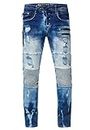 Herren Biker-Jeans 'MISATO' DIE-ABSOLUTE-JEANS Slim Fit Stretch Destroyed Biker Zip-Design mit Stylischer Knopfleiste und Kontrast-Naht 241, Farbe:Ozean Blue Used, Größe Jeans L32:36W / 32L