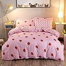 Kawaii Bedding, Strawberry Comforter Cover Set, Girls Women Kids Kawaii Room Decor, Pink Strawberry Decor Bedding Sets, Soft Reversible Geometry Stripe Print Kawaii Decor Bedding, Queen Size