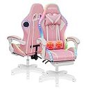 HOFFREE Pink Gaming Chair with Bluetooth Speakers and LED RGB Lights Cute Ergonomic Massage Computer Gaming Chair with Footrest High Back Video Game Chair with Lumbar Support Pink and White