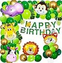 Party Propz Jungle Theme Birthday Decoration - Large 79 Pcs | Animal Theme Birthday Party Decorations | Happy Birthday Banner (Cardstock) | Animal Balloons for Decoration