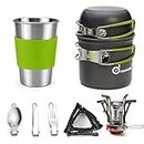 Odoland Camping Cookware Stove Carabiner Canister Stand Tripod and Stainless Steel Cup, Tank Bracket, Fork Spoon Kit for Backpacking, Outdoor Camping Hiking and Picnic,Green