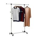 Loop Group Stainless Steel Single Pole Rail Telescopic Movable Portable Adjustable Clothes Garment Hanging Rack Stand with Wheels (Multicolor, 1)