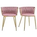 Riknuxi Velvet Dining Chairs Set of 2, Modern Woven Dining Chair with Metal Legs, Gold Upholstered Dining Chairs for Dining Room, Kitchen, Vanity, Living Room (Pink)