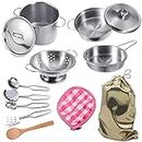 Mini Stainless-Steel Kitchen Toys, Tiny Size Pretend Cooking Utensils Toys for Kids, Cookware Pots and Pans Play Set with Cooking, Safety Educational Kitchen Experience Toy Stored in a Cute Cloth Bag