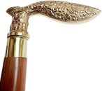Polished Brass Blade Designer Head Handle Vintage Brown Wood Walking Cane