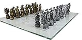 Ebros Mythical Medieval Fantasy Silver and Gold Colored Dragon Old World Kingdoms Resin Chess Pieces with Frosted Glass Board Set Dungeons and Dragons Themed Intellectual Brain Board Games
