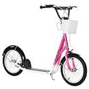 Aosom Kick Scooter for Kids Teen Ride On Children Scooter with Adjustable Handlebar 2 Brakes Basket Cupholder Mudguard 16" Inflatable Rubber Tyres Pink