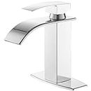 BESy Chrome Waterfall Spout Bathroom Faucet, Single Handle Single Hole Bathroom Vanity Sink Faucet, Rv Vessel Faucet Basin Mixer Tap with 6 Inch Deck Plate, cUPC Waterlines, 1 or 3 Hole