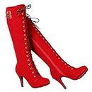 getmorebeauty Womens Red Suede Buckle Rock Lace Up Zipped Knee High Boots High Heel Boots (US 9, Red)