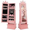 HONEY JOY Kids Jewelry Armoire Cabinet, 2-Angle Tilting Wooden Standing Jewelry Organizer with Full-length Mirror and Storage Drawers, Children Dress Up Jewelry Cabinet for Little Girls (Pink)