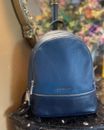 New Michael Kors Pebbled Leather Med Zip Rhea  Backpack, Color Block Navy/Teal