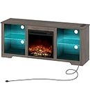 Rolanstar Fireplace TV Stand 57.9" with LED Lights and Power Outlets, TV Console for 43" 50" 55" 60" 65", Entertainment Center with Adjustable Glass Shelves, Walnut