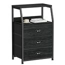 Furnulem Black Dresser for Bedroom, Small Nightstand with 3 Fabric Storage Drawers and 2-Tier Shelf, End Table Side Furniture for Closet, Hallway, Nursery, Sturdy Steel Frame, Wood Top (Black Oak)