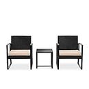 SereneLife Patio Outdoor Furniture, 3 Pcs. Per Set-Includes 2 Single Chairs with Soft Cushion and 1 Glass-top Coffee Table, Black Weather-Resistant Resin Wicker Rattan, 1, Brown