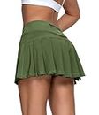 QUEENIEKE Pleated Tennis Skirts for Women with Shorts Pockets Lightweight Athletic Golf Running Skorts Skirts, Army Green, XL
