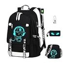 RRISETAG 3-Piece Set School Backpack with LED Glow, Personalized Waterproof Design, USB Charging Port, Laptop Compartment, Ideal for Boys, Teens, and Women, Black, 19*12*7in, Shcool