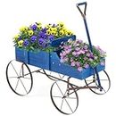 Goplus Wagon Planter, Decorative Wooden Garden Planter with Wheels, 2 Planting Sections and Adjustable Handle, Indoor Outdoor Backyard Balcony Decor (Blue)