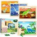 TQU Wooden Puzzles for Kids Ages 4-6 3-5, Set of 4 Packs with 24-Piece Wood Dinosaur Jigsaw Puzzles Kids Puzzles Toys Learning Educational Boards for Boys and Girls 3 4 5 6 Years Old