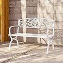 BELLEZE 50 inch Outdoor Garden Bench, Cast Iron Metal Loveseat Chairs for Park, Yard, Porch, Lawn, Balcony, Backyard, Antique Rose Accent Style Patio Seat Furniture, White