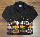 Ecuador Brand Vintage Wool Hand Knit Sweater Zip Up Patchwork Size Small Medium